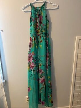 QED London Teal Floral Maxi Dress with Pink & Yellow Accents